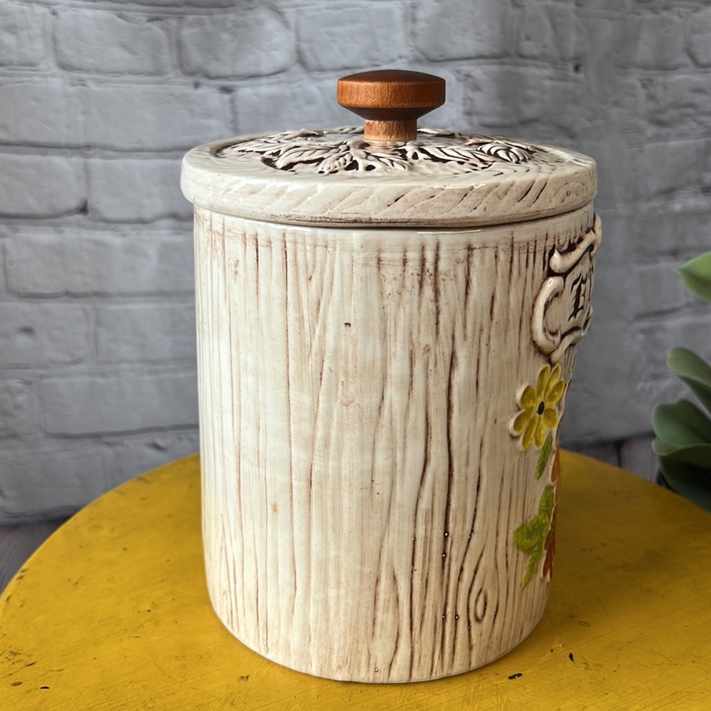 Treasure craft flour floral canister retro vintage 60s 70s BoHo bohemian wood - Picture 2 of 10